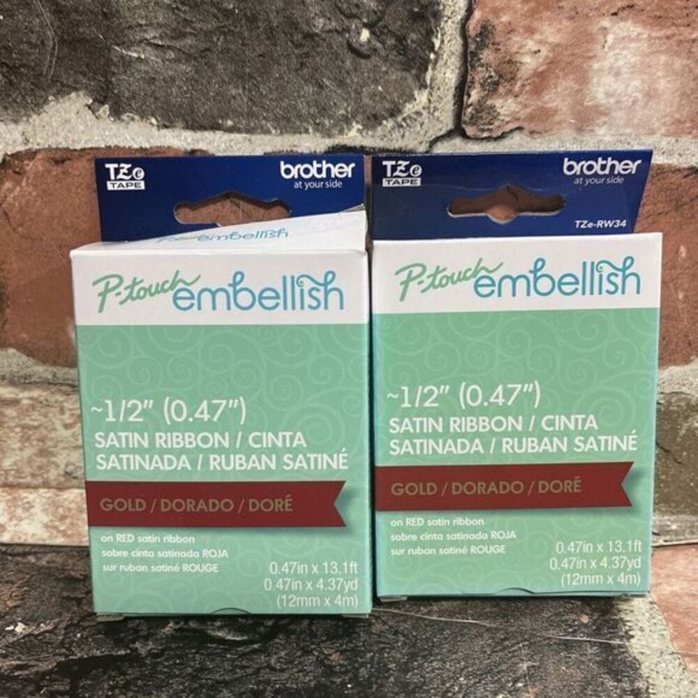 Brother P-Touch Embellish Satin Ribbon Gold On Red (LOT‎ OF 2) NIB